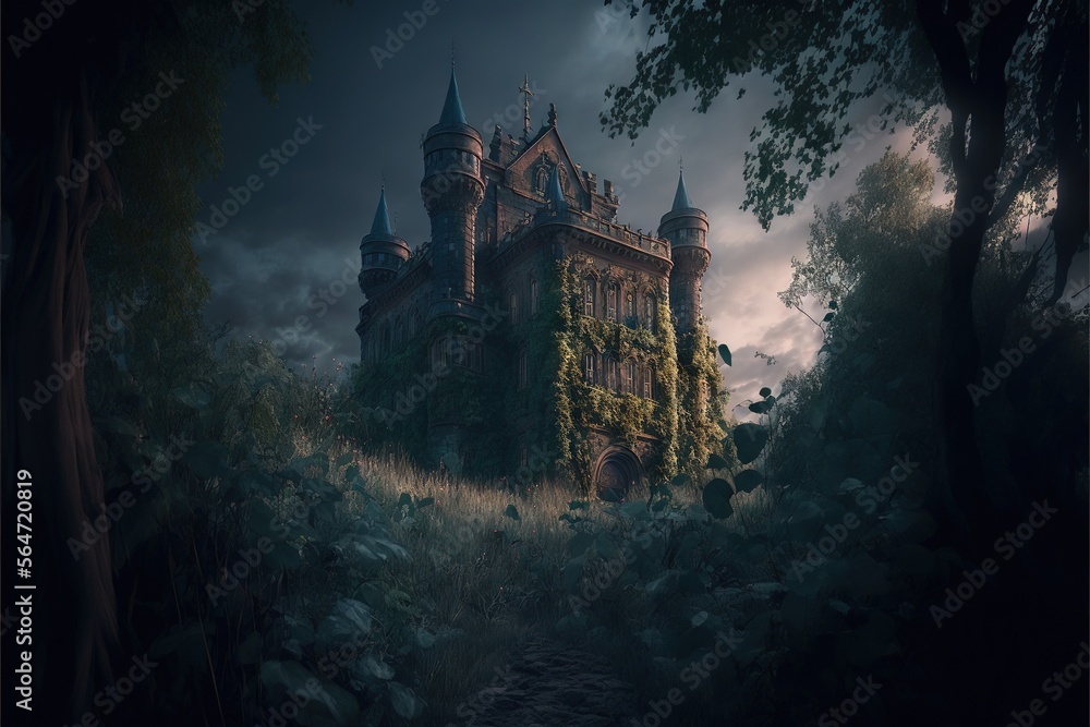 Poster a castle in the middle of a forest with a dark sky in the background and a dark sky in the backgroun
