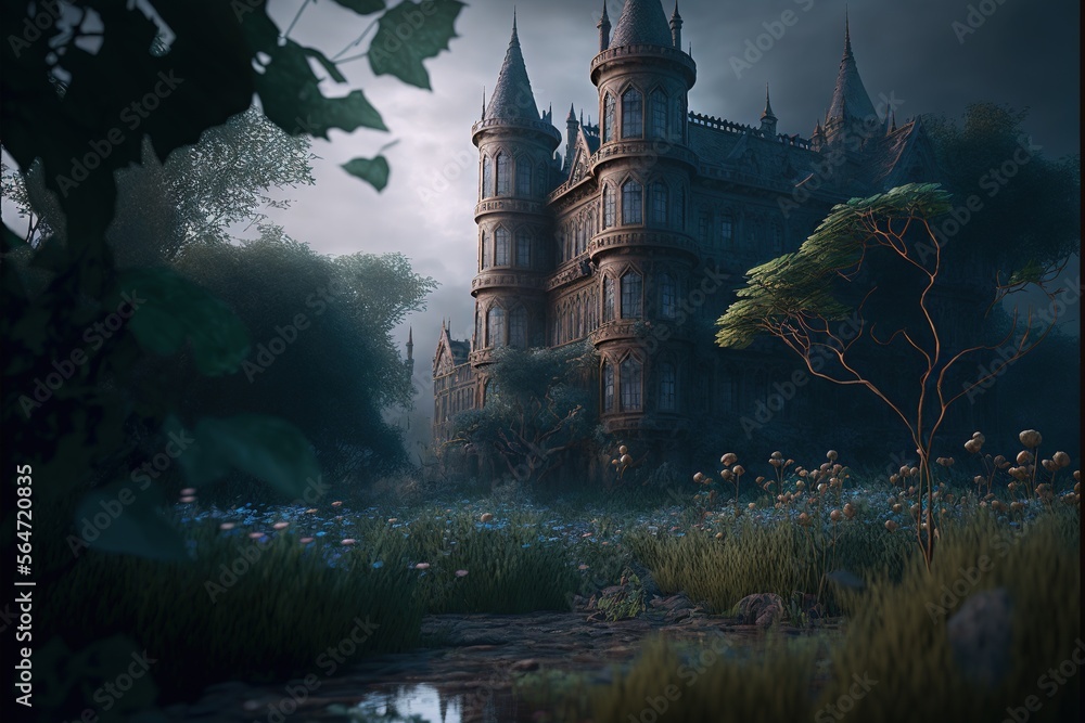 Poster a castle with a pond in front of it and a dark sky behind it with clouds and flowers in the foregrou