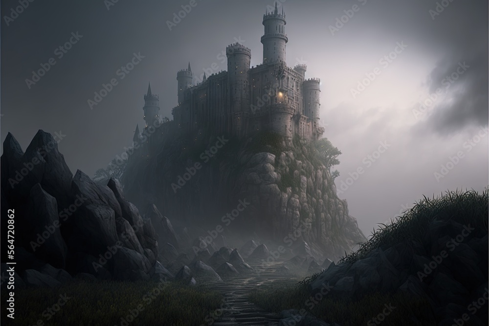 Poster a castle on a hill with a path leading to it in the foggy night time with a light on the door and a 