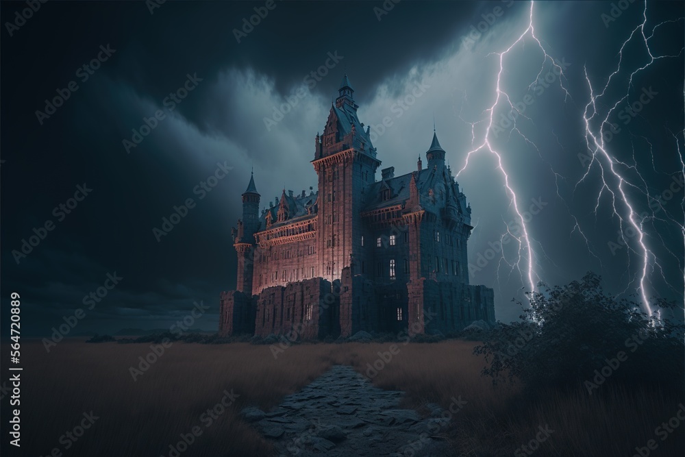 Poster a castle with a lightning bolt in the sky above it and a path leading to it that leads to a path lea