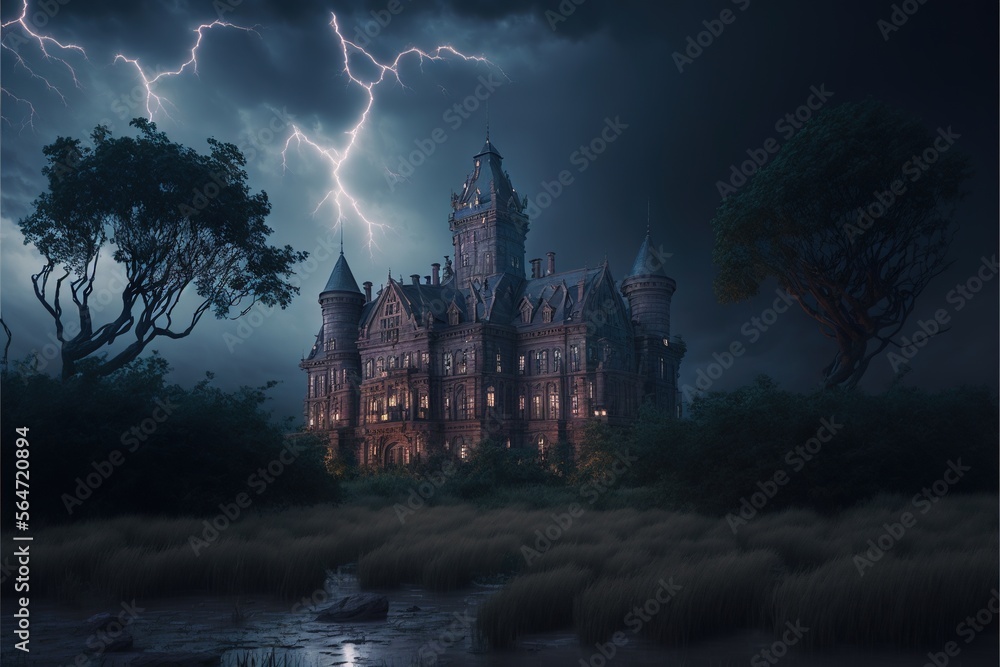 Poster a castle with a lot of lightning in the sky above it and a body of water below it with a tree in the