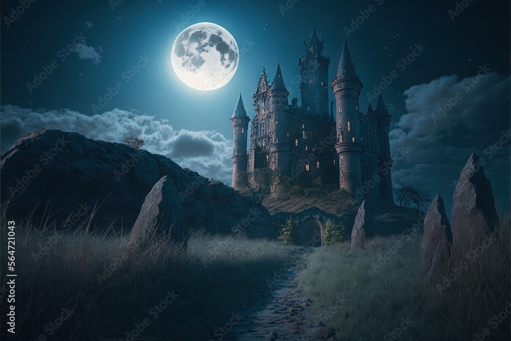 Aufkleber a castle with a full moon in the background and a path leading to it with a path leading to it and a