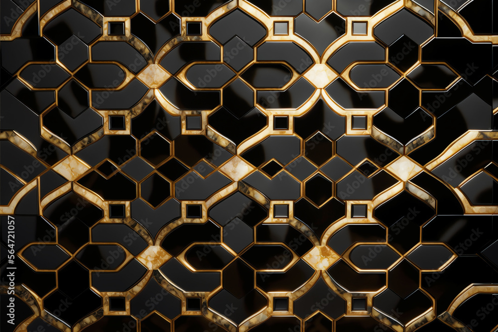 Poster abstract background with glossy black and golden mosaic tiles. arabesque pattern. generative ai