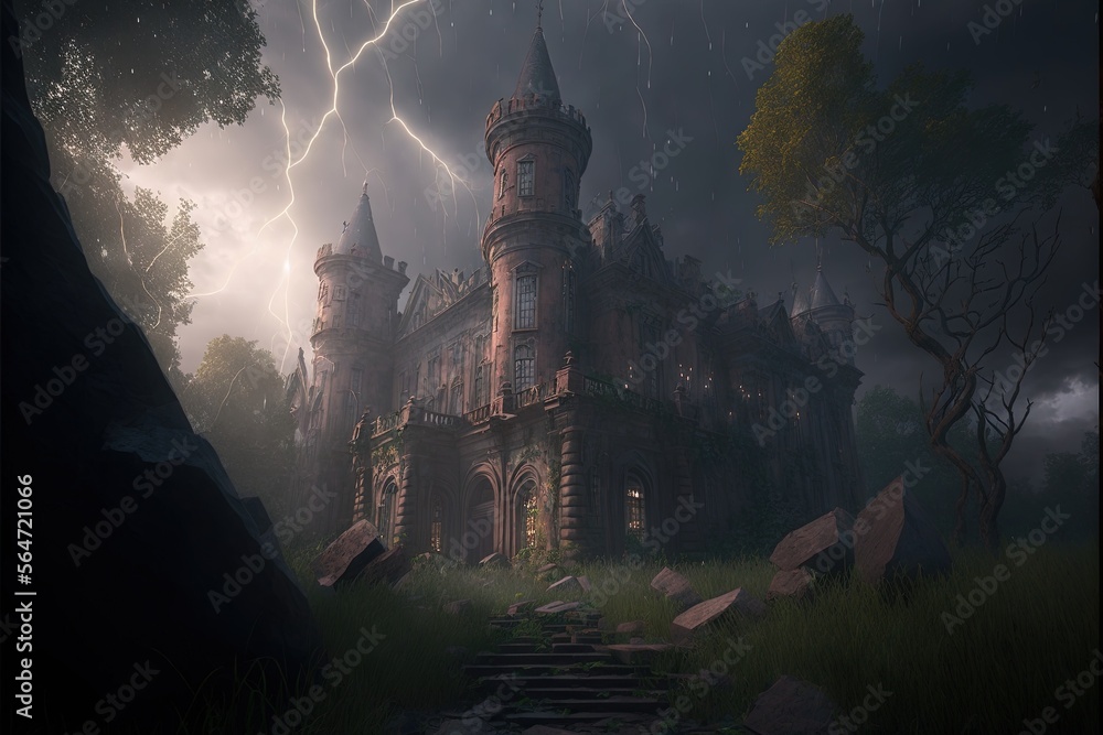 Poster a castle with a lot of lightning in the sky above it and a tree in the foreground with a lightning b