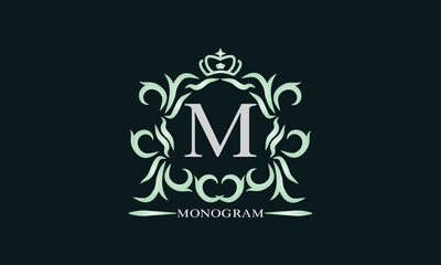 Elegant initial letter M logo. Vector illustration for restaurant, boutique, hotel, heraldic, jewelry, fashion, business signs or banner, labels.