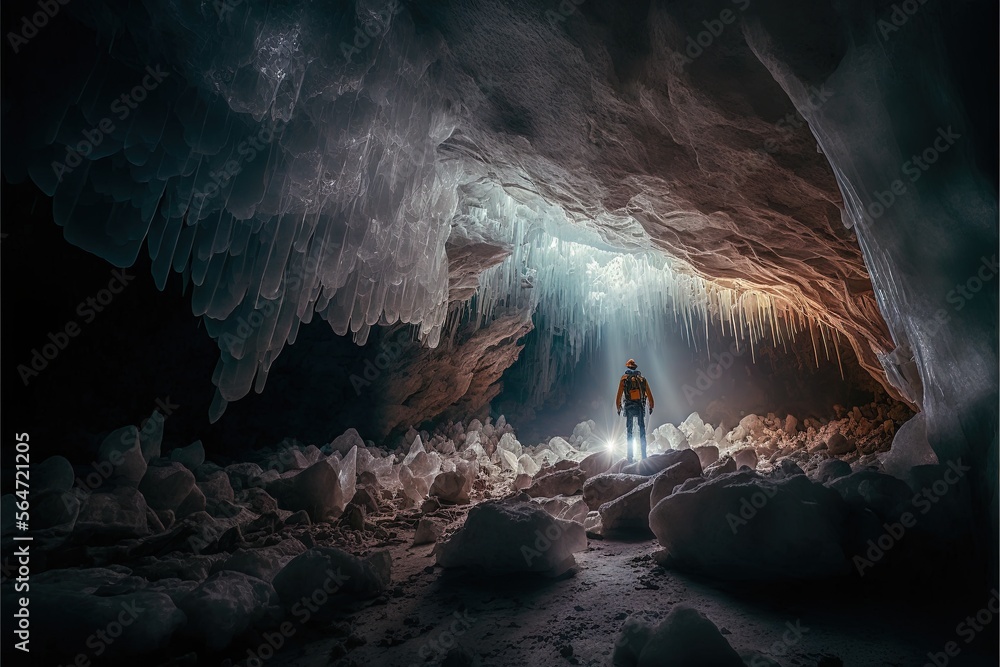 Poster a man standing in a cave with a light at the end of it and ice formations on the walls and ceiling a