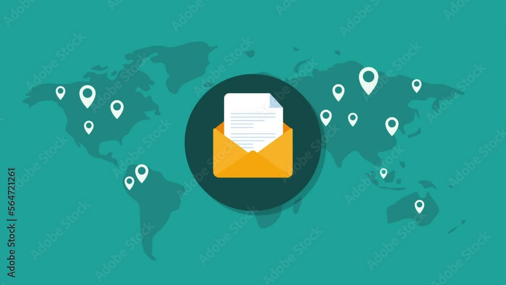 Poster envelope with documents motion animation concept. world map and pointers animation flat design.