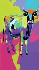 Vector illustration of a multicolored cow on a colored background