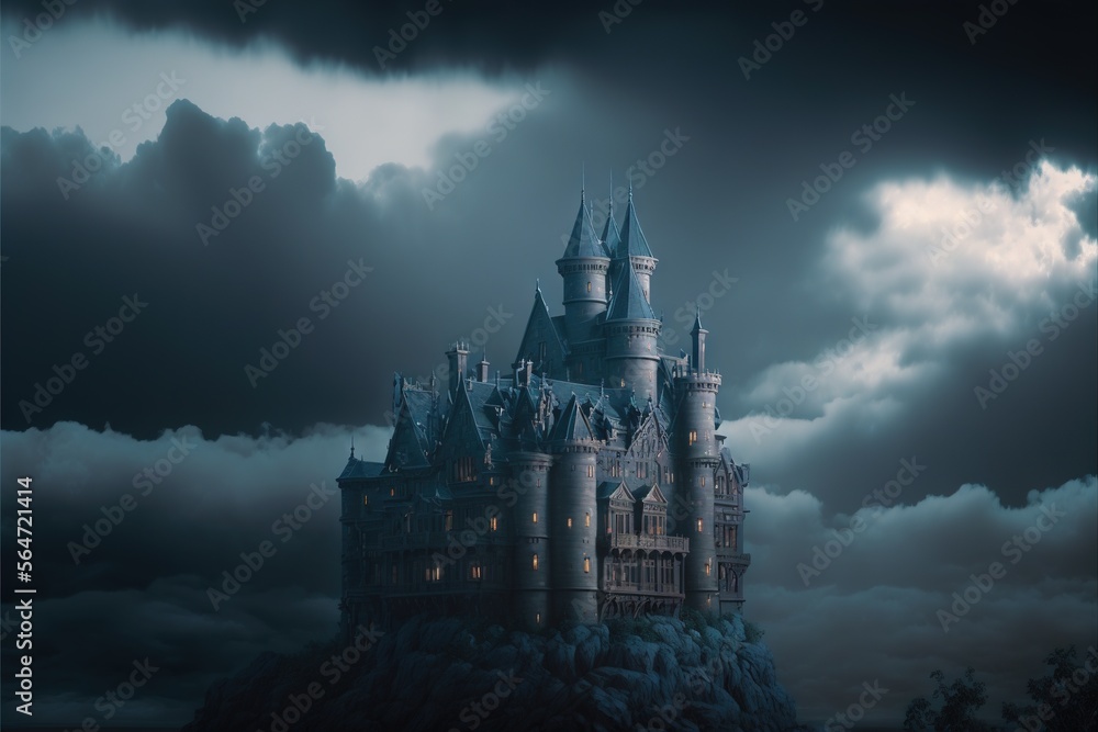 Poster a castle with a dark sky and clouds behind it and a dark sky with clouds and clouds behind it and a 