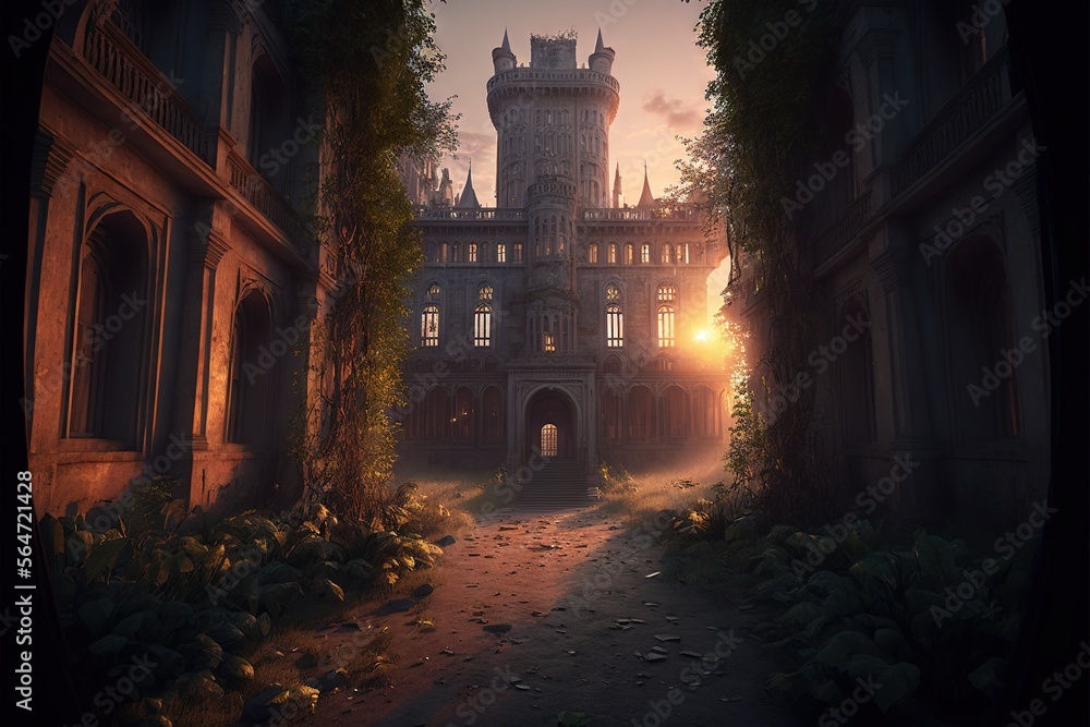 Poster a castle with a tower and a gate in the middle of a forest at sunset or dawn with a light shining on