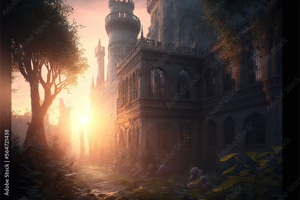 Poster a painting of a castle with a tower and a clock tower in the background at sunset or dawn with a per