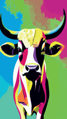 Vector illustration of a multicolored cow on a colored background