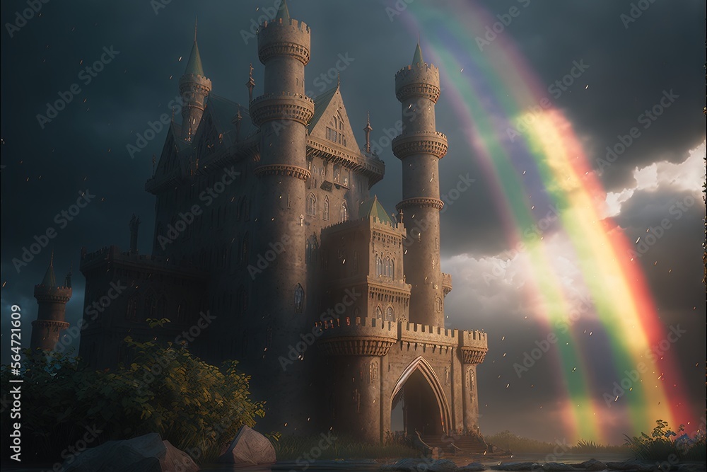 Aufkleber a castle with a rainbow in the background and a dark sky with clouds and a rainbow in the foreground