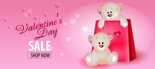 Obraz na płótnie Canvas Valentine's Day sales banner with teddy bears and hearts