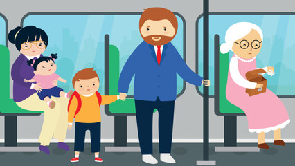 People with children are traveling in public transport