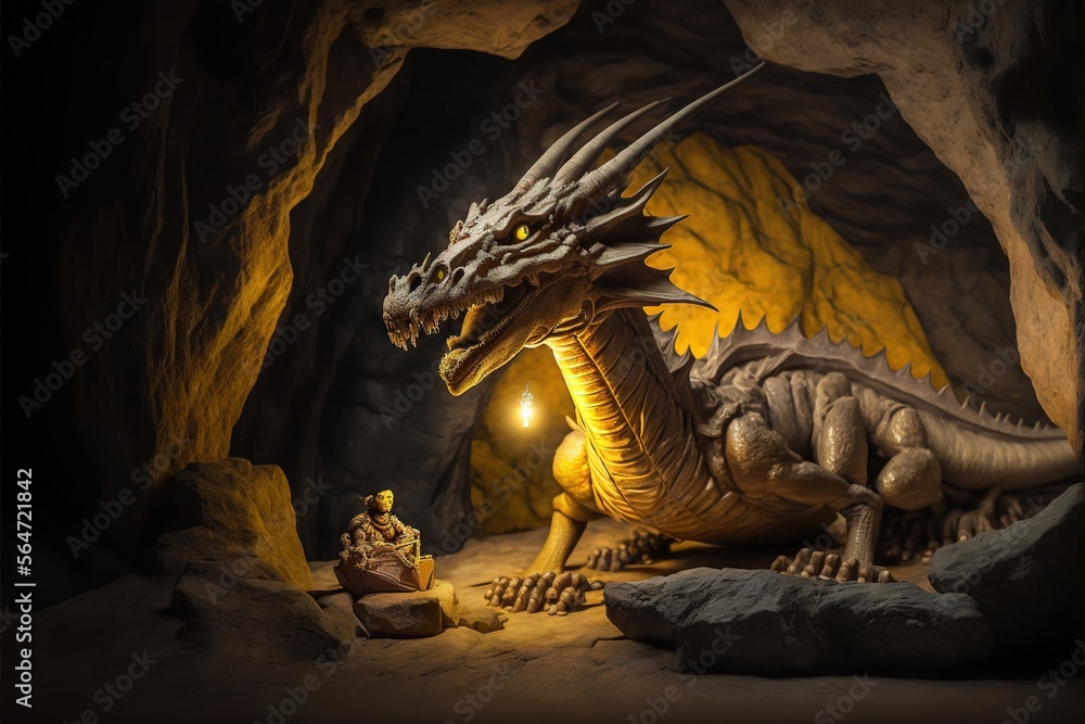 Poster a statue of a dragon in a cave with a man sitting on a bench in front of it and a light shining on i