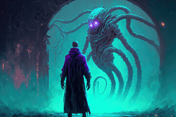 the futuristic man standing and facing the tentacle robot, digital art style, illustration painting (ai generated)