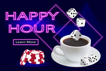 Online casino. Banner for the site with a cup of coffee, cubes and a Happy hour promotion. Gambling concept. Vector image