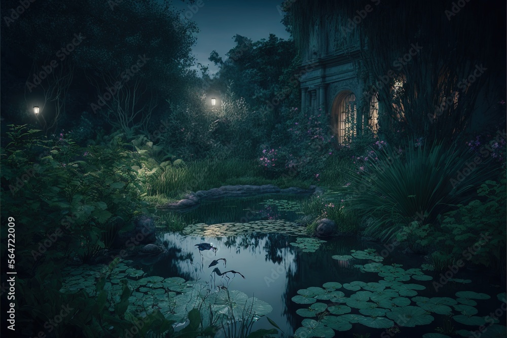 Poster a pond with lily pads and a light in the distance at night with a house in the background with a lig