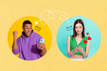 Creative collage image of two people hold telephone chatting communicate send message isolated on...