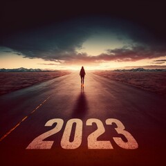 New Year 2023 written in street at sunset and person walking created with generative AI technology