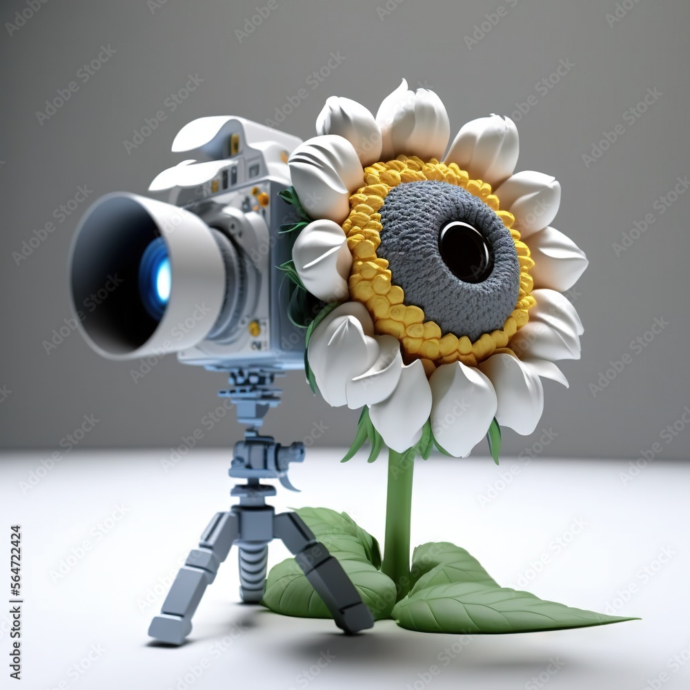 Poster a camera and a sunflower on a tripod with a lens attached to it, on a white surface with a gray back