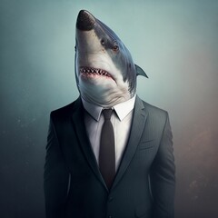 A shark in a business suit portrait created with generative AI technology