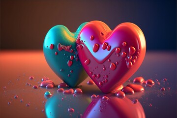 Two Hearts Turquoise and Pink Cake Colourful Heart Sweets Valentine's Day Celebration- Love and Hearts Romantic Background. Cute love sale banner, voucher template, greeting card. Place for text