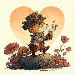 A cute squirrel character, adventurous, holding flowers and hearts for Valentine's Day, being in love. Generative AI