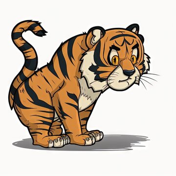 recommend clip art:  a cartoon tiger standing on one leg and looking at the camera with a sad look on its face and a tail, with a white background, with a white background, with a black and.  generative ai