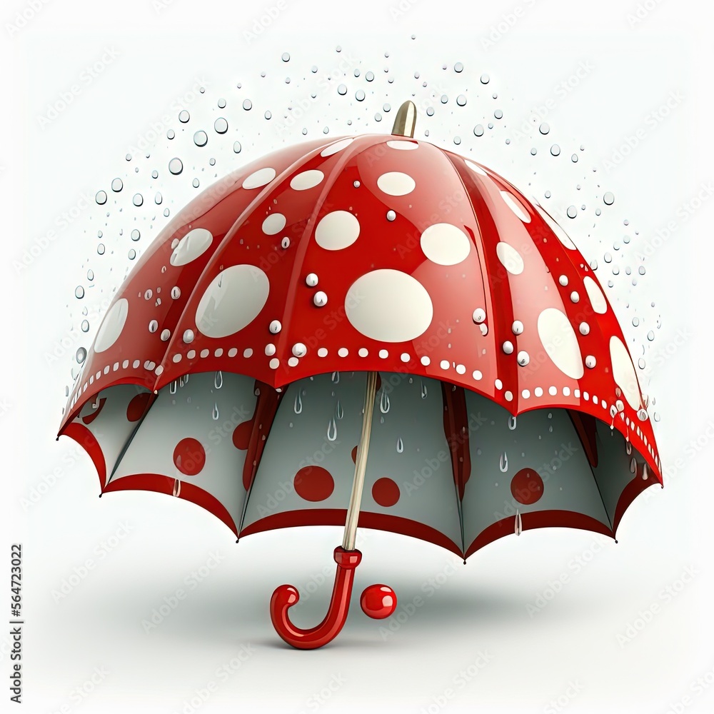 Poster a red umbrella with white polka dots on it is opened and is in the rain with water droplets on it an