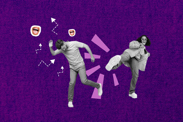 Creative collage illustration of two positive overjoyed black white gamma people enjoy dancing...