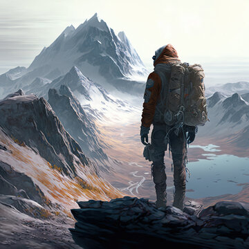 man with a backpack standing on a mountain, hike, travel, post-apocalypse, art illustration