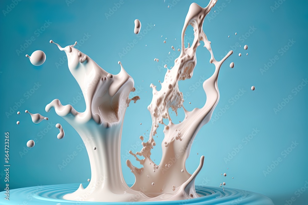 Poster isolated milk splatters on a blue backdrop using a clipping path generative ai
