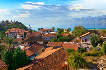 Fototapeta na wymiar Scenic view of private houses, mountains and Mediterranean Sea in Antalya, Turkey