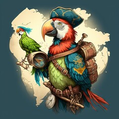  a parrot with a pirate hat and a parrot with a clock on its back, sitting on a pirate's chest, with a full moon in the background, and a splot.  generative ai - obrazy, fototapety, plakaty