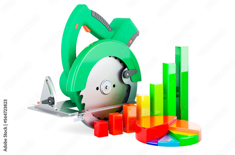 Poster circular saw with growth bar graph and pie chart. 3d rendering