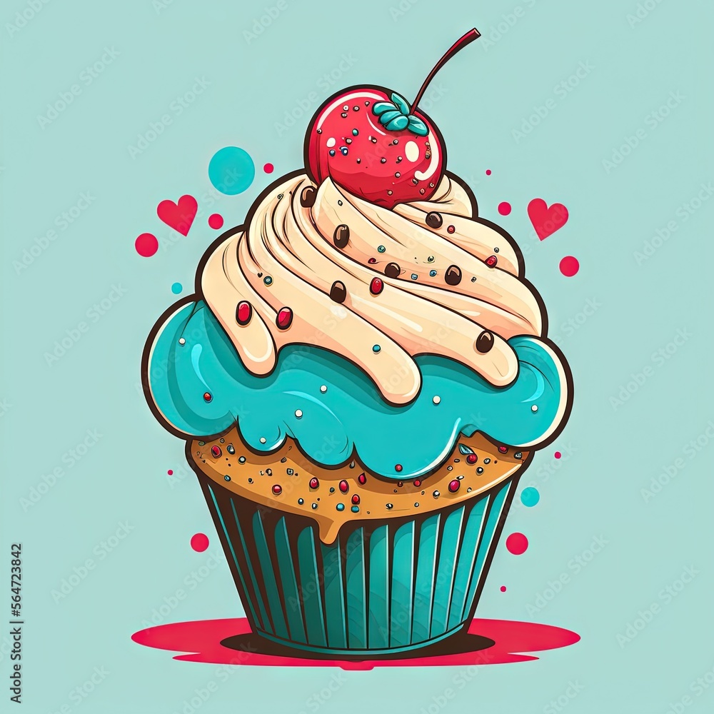 Poster a cupcake with a cherry on top of it and sprinkles around it on a blue background with a red spot on