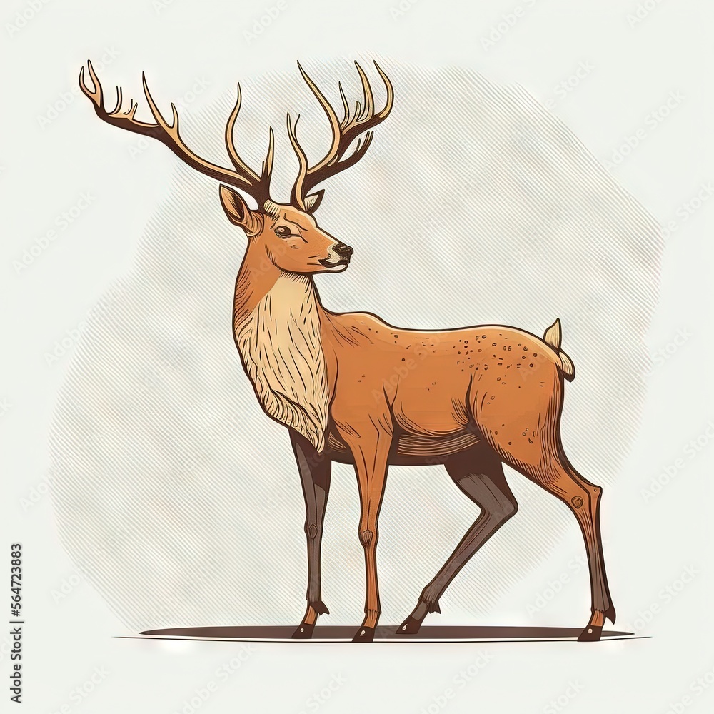 Poster a deer with large antlers standing in a field of grass and grass with a white background and a brown