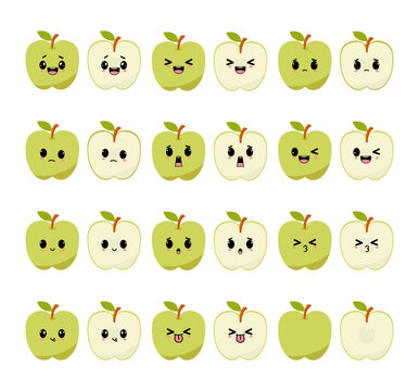 Green apples set with kawaii emoji. Flat design vector illustration of green apples on white bakground