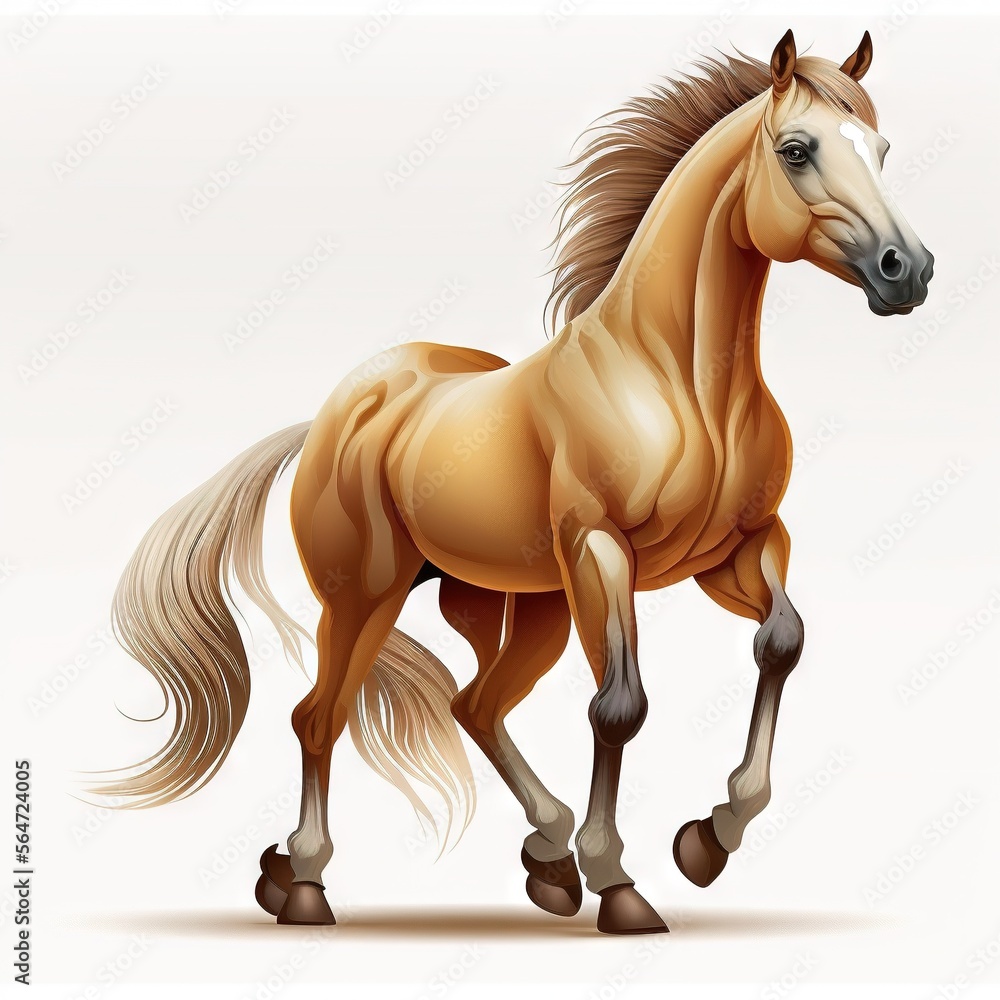 Poster a horse is running on a white background with a shadow of its head on the ground and its tail in the