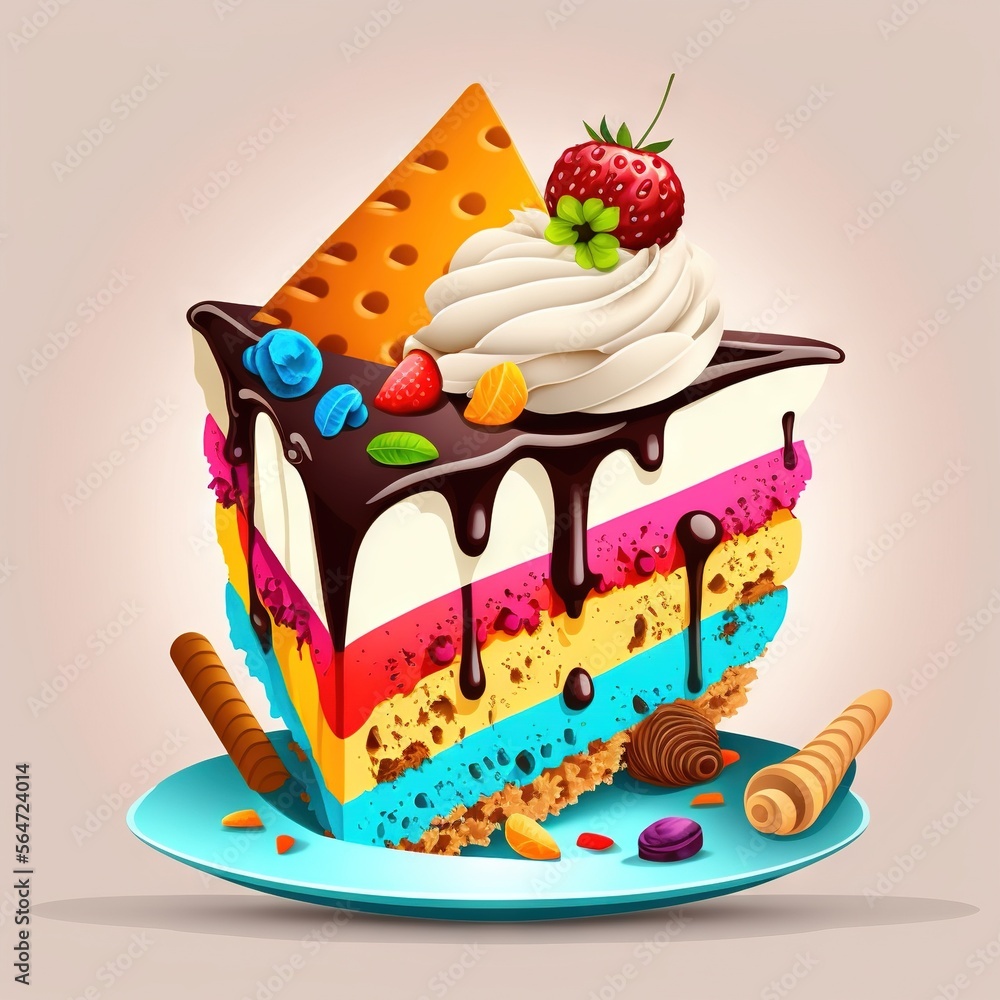 Aufkleber a piece of cake with ice cream and a strawberry on top of it on a plate with a spoon and a cookie on