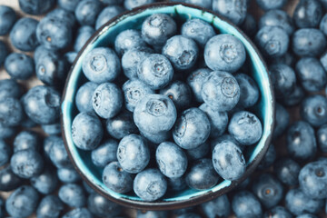 Blueberries in a ceramic bowl and lots of berries around. Blue background.