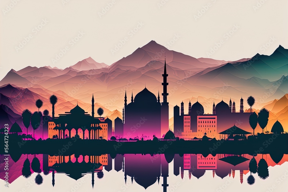 Poster srinagar's landmarks and gradient skyline are visible through the city's many glassy layers. generat