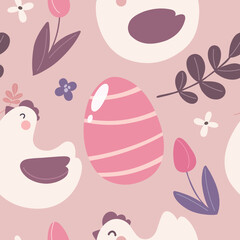 Seamless pattern with chicken and flowers. The festive pattern of the happy Easter. Vector illustration.