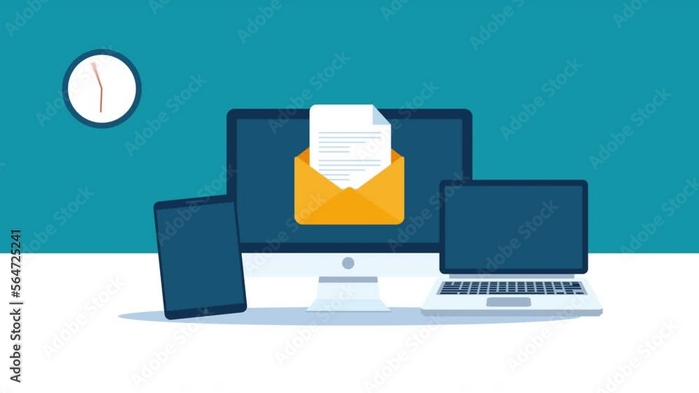 Poster envelope with documents motion animation concept.responsive digital device.computer, laptop and tabl