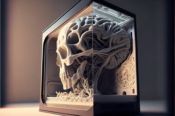 Brain technology as a futuristic interface. Concept innovative components of the future. Bionic head of minimalist design brain anatomy of a cyborg in a display box. Ai generated.