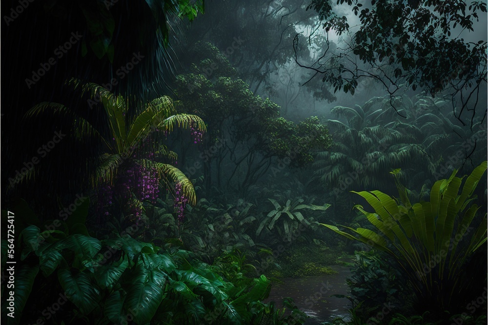 Poster a painting of a jungle scene with a stream and trees in the background with a lot of leaves and flow