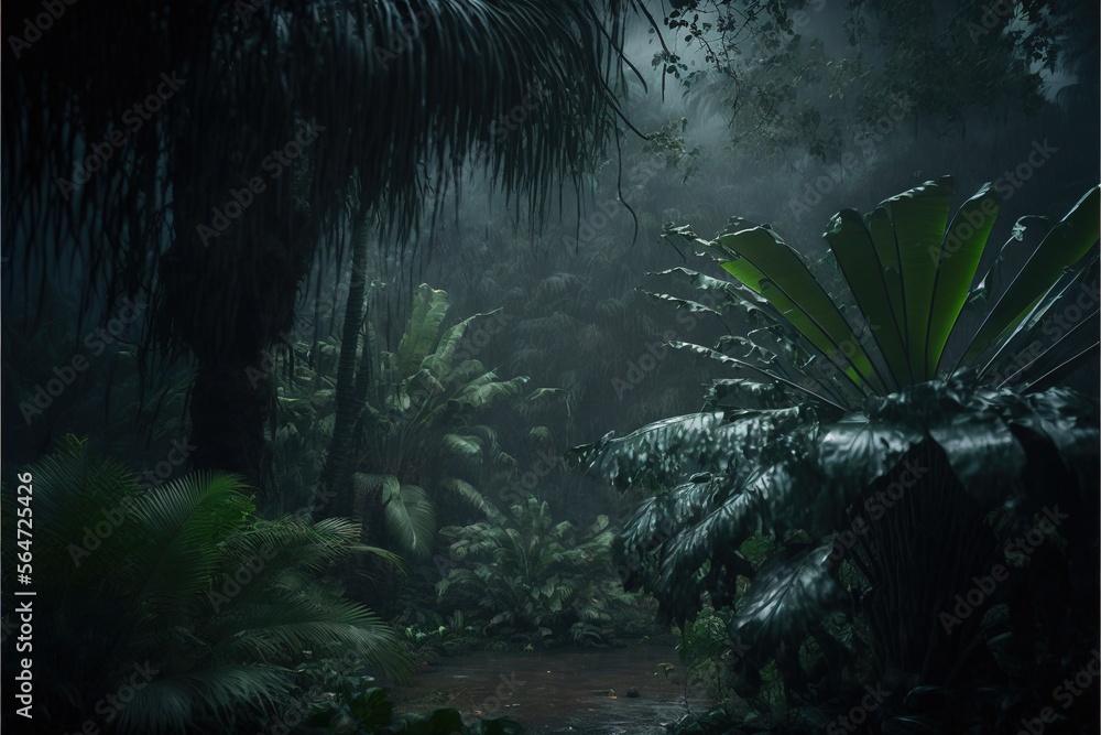 Poster a jungle scene with a stream and palm trees in the background at night time with fog and light comin