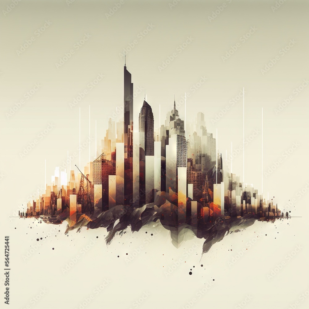 Poster a city skyline with a lot of buildings in it and a sky line in the background with a few clouds in t